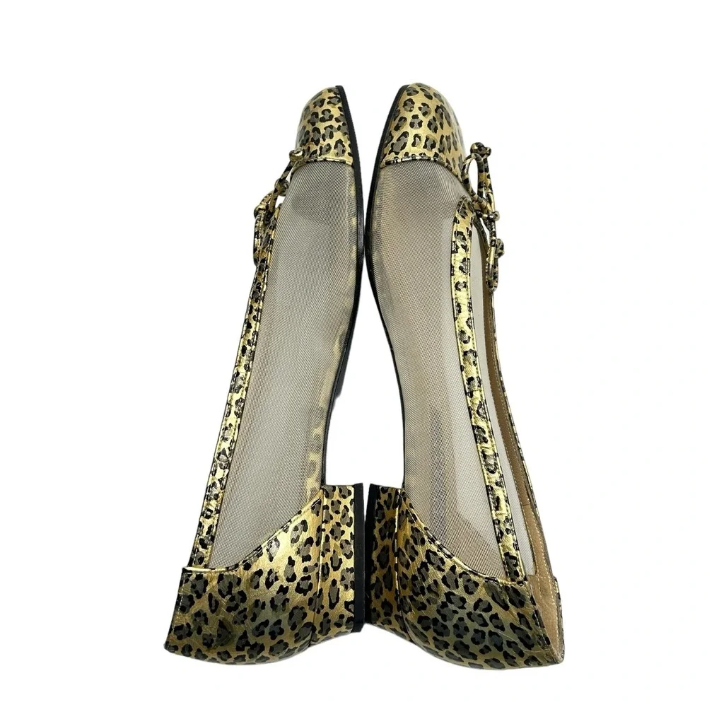Stuart Weitzman Beige Flats with Gold Leopard Cap-Toe and Bow